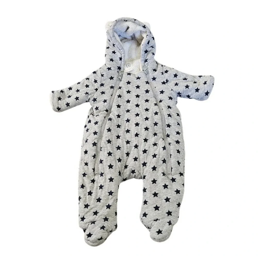 Baby GAP Star Print Sherpa Lined Hooded Bunting Pram Suit Gray 0-3 Months
